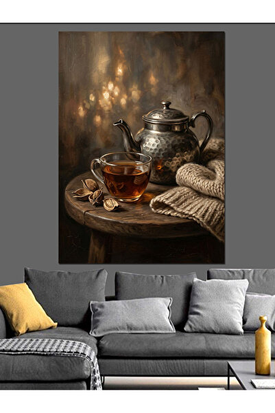 Artmeg Tea and Cookies in Dim Light Decorative Canvas - Mdf Wooden Table