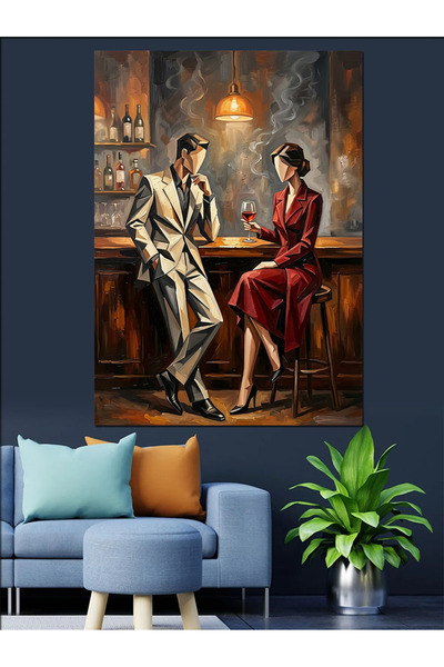 Artmeg Pânză decorativă cu cuplu retro, elegant și surrealist, așezat pe bară...