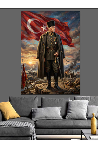 Tablo Mega Türk Bayrağı Önünde Mareşal Atatürk Dekoratif Kanvas - Mdf Ahşap T...