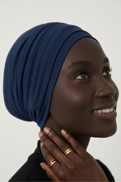 elysianfidan Double Layered Lined Navy Blue Ready-To-Wear Turban Hijab