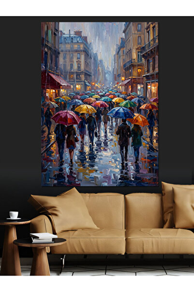 Artmeg Oameni cu umbrele colorate într-un oraș ploios Pânză decorativă - Tabl...