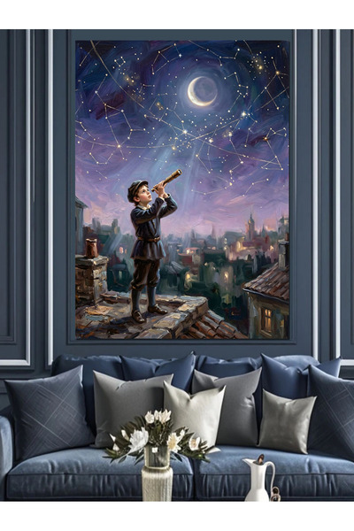 Artmeg Pânză decorativă pentru copii cu telescop pe acoperișul orașului noctu...