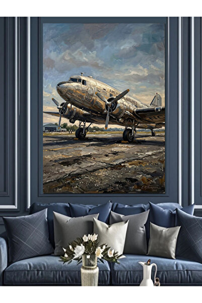 Artmeg Avion vechi cu elice care stă pe pistă, pânză decorativă - masă din le...