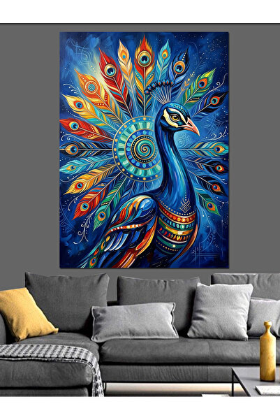 Artmeg Portret de păun cu pene colorate - Pânză decorativă - Tablou din lemn MDF