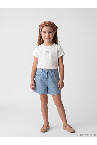 LC Waikiki Lcw Kids Blue Elastic Waist Staple Detailed Girls' Jean Shorts wit...