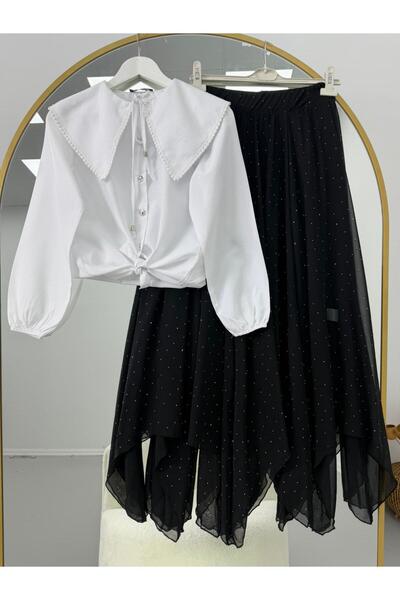 VOLT CLOTHİNG Κεντημένο σετ με γιακά μωρού και πέτρινη λεπτομέρεια στη φούστα