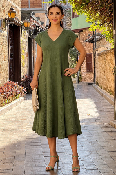 Nevin Kaya Moda Φόρεμα από ύφασμα μουσελίνας σε χρώμα χακί - 100% καθαρό βαμβάκι