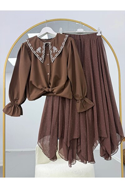 VOLT CLOTHİNG Κεντημένο σετ με γιακά μωρού και πέτρινη λεπτομέρεια στη φούστα