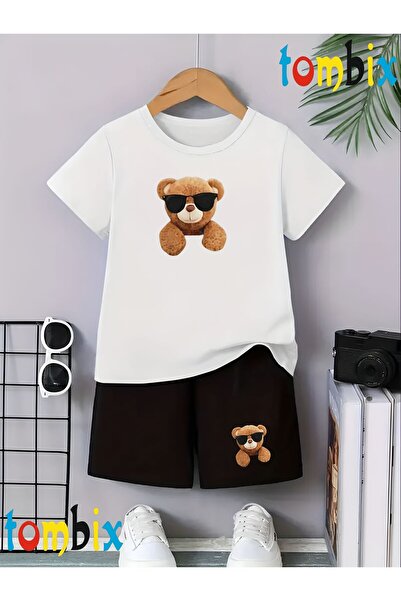 tombix Glasses Bear Printed T-Shirt Shorts Summer Children's Set