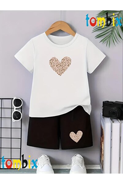 tombix Leopard Heart Printed T-Shirt Shorts Summer Children's Set