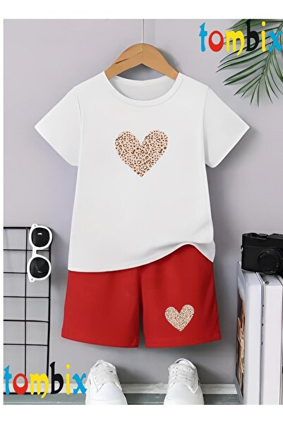 tombix Leopard Heart Printed T-Shirt Shorts Summer Children's Set