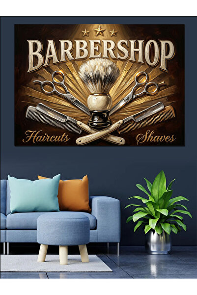 Artmeg Classic Barber Shop Decorative Canvas with Golden Scissors - Mdf Woode...