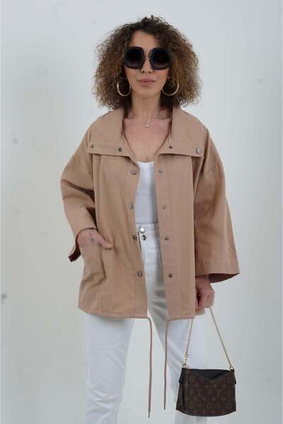 Zelish My Sister Μπεζ Μπουφάν με Κουμπώματα