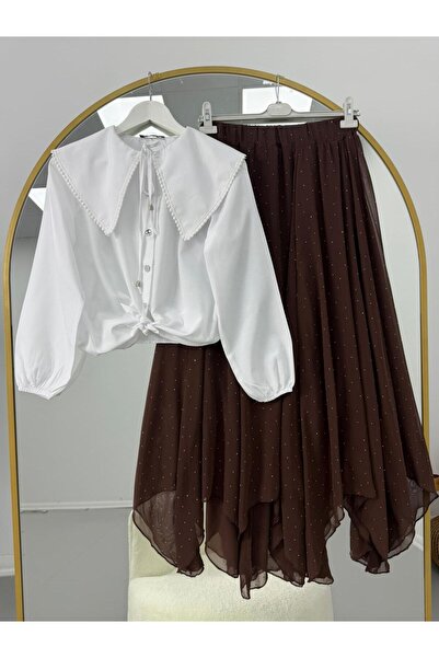 VOLT CLOTHİNG Λευκό πουκάμισο με σχέδιο φύλλων γαλανόδεντρου, σετ με φούστα μ...