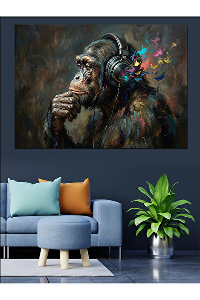 Artmeg Chimpanzee Listening to Music with Headphones Painting Decorative Canv...