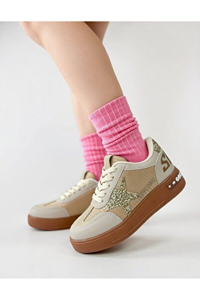 İmerShoes Kız Çocuk Simli Yıldız Detaylı Sneaker Bağcıklı Cırtlı Günlük Spor ...