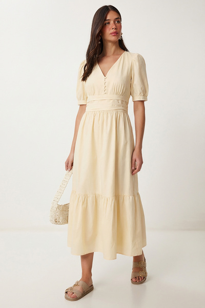 Lovelyİstanbul Καλοκαιρινό μακρύ φόρεμα ποπλίνα με βολάν LFG0185 ΚΡΕΜ