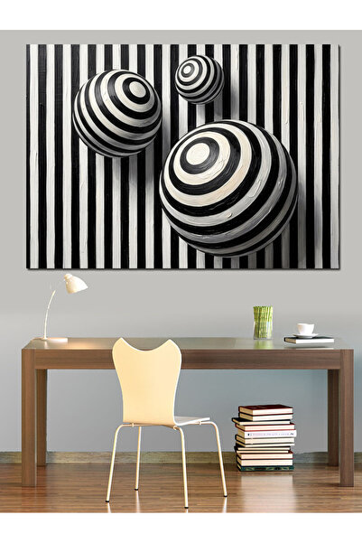 Artmeg Sfere negre pe fundal în dungi - Pânză decorativă - Masă din lemn MDF