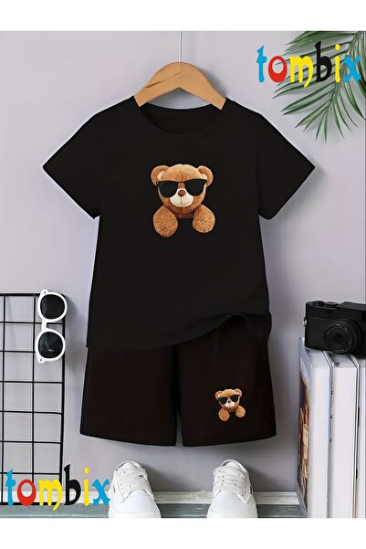 tombix Glasses Bear Printed T-Shirt Shorts Summer Children's Set