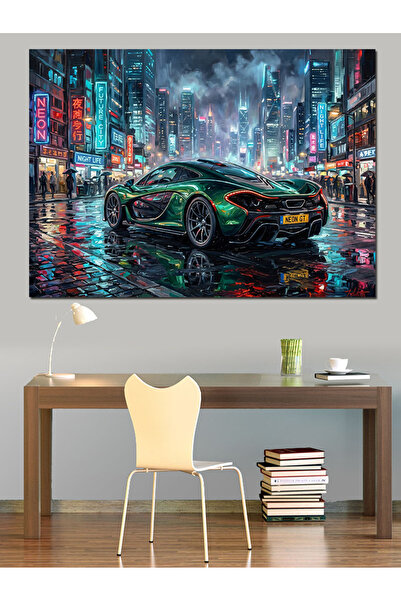 Artmeg Pânză decorativă cu mașină sport verde în orașul nopții - Tablou din l...