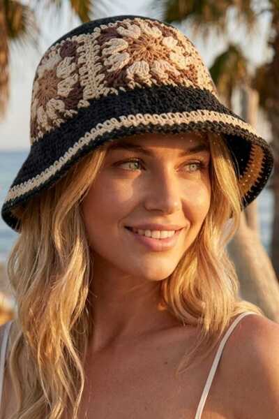 Uniquetrenders Γυναικείο ψάθινο καπέλο με μποέμ μοτίβο, πλεκτό καλοκαιρινό κα...