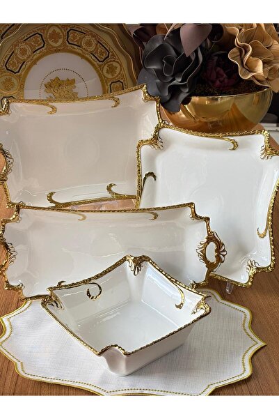 MD MİMOZA DEKOR Camelia 4 Piece Gold Serving Set / Plate / Presentation / Mul...