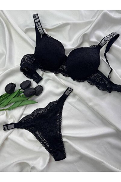 ROZENİN LINGERIE Taş Detaylı Dantelli Destekli Sütyen Tanga İç Çamaşır Takımı