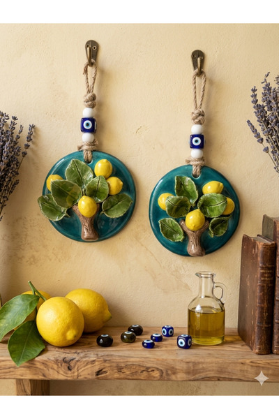 Ahşap Evi 2Li El Yapımı 10 cm Seramik Limon Ağacı Duvar Süsü-Dekoratif Hediyelik