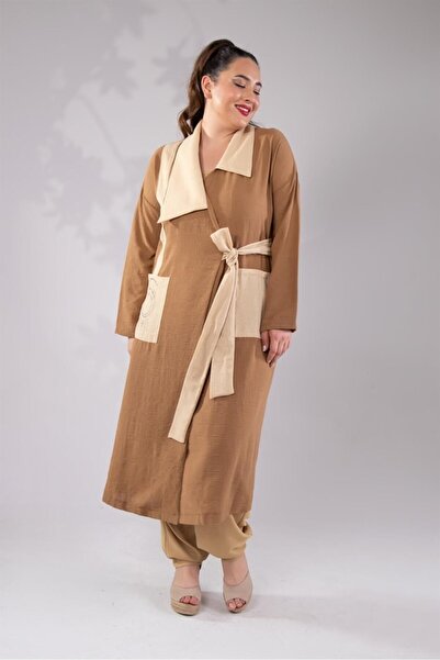 Roxxlen Γυναικείο Καμηλό Φαρδύ Γιακά με Πλαϊνό Δέσιμο σε Μεγάλο Μέγεθος