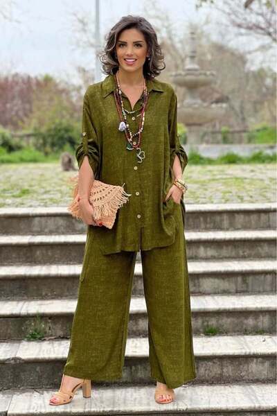 Nevin Kaya Moda Yağ Yeşili Palazzo Pantolon Tunik Takım