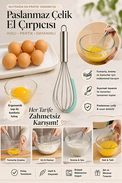 TUMU LIFE Sıyırmalı Paslanmaz Çelik Çırpıcı | Yumurta, Krema ve Hamur Karıştı...