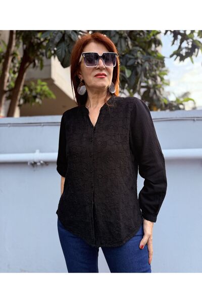 DenizEge Πουκάμισο με σχισμή και ριγέ γιακά, μαύρο