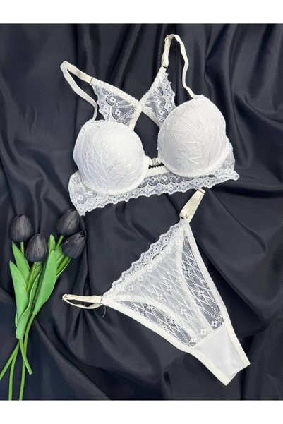 ROZENİN LINGERIE Kelebek Push-up Balenli Dantelli Günlük Sütyen Tanga Takım