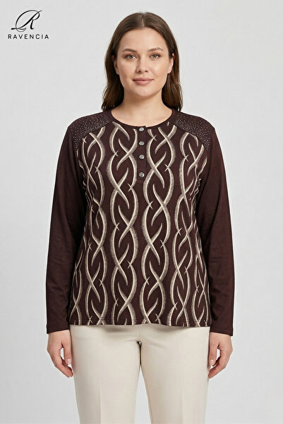 Ravencia Women's Stripe Patterned Printed Lycra Blouse with Stones on the Sho...