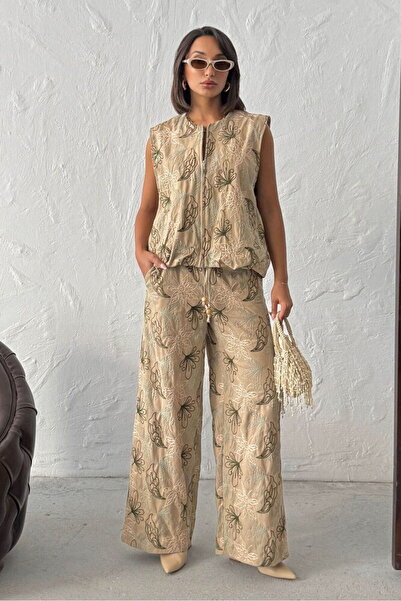 VERYMODA Nakışlı Keten Pantolon - Kahve | F2008