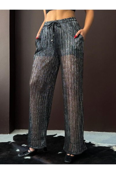 VERYMODA Simli Piiseli Pantolon - Siyah Gümüş | F2066 - Siyah Gümüş