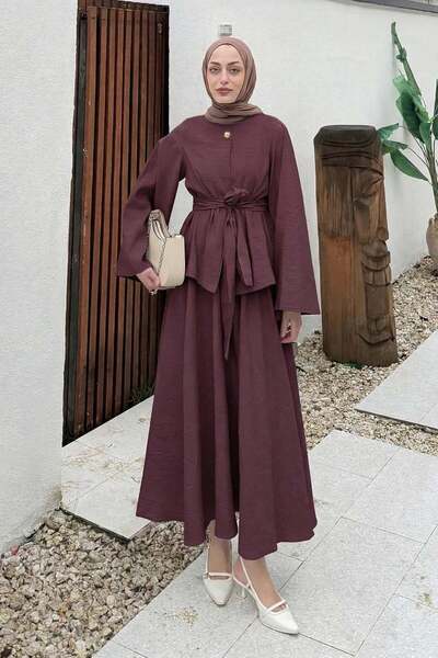 lamelif Σετ δύο τεμαχίων με φούστα και μπλούζα με κορδόνια, χρώμα δαμασκηνί