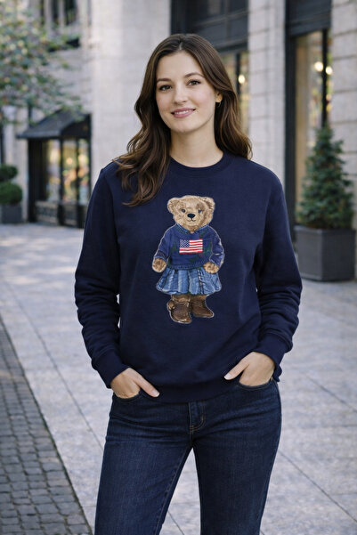 Butik Kadın Teddy Bear Baskılı Sweatshirt Lacivert – Rahat Kesim Günlük Şık S...