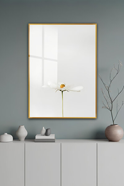 kutuTR Gold Alüminyum Çerçeve Minimal Beyaz Çiçek Boşluk Estetiği Temperli Ca...