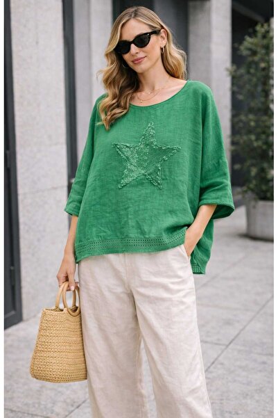 Rosidam Αστέρι Κεντημένο Διχτυωτό Λεπτομερές λινό κοντομάνικο μπλουζάκι