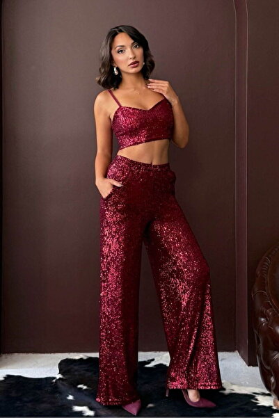 VERYMODA F 1978 PANTALONI CU PALETE - ROȘU CLAR (BORDO)