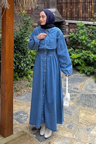 lamelif Ελαστικό φόρεμα τζιν με λάστιχο στη μέση, τζιν μπλε