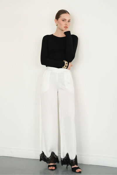 VERYMODA Pantaloni din satin cu dantelă la tiv - Crem |   D2969