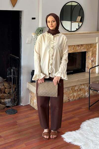 lamelif Πουκάμισο με βολάν σε μπεζ χρώμα