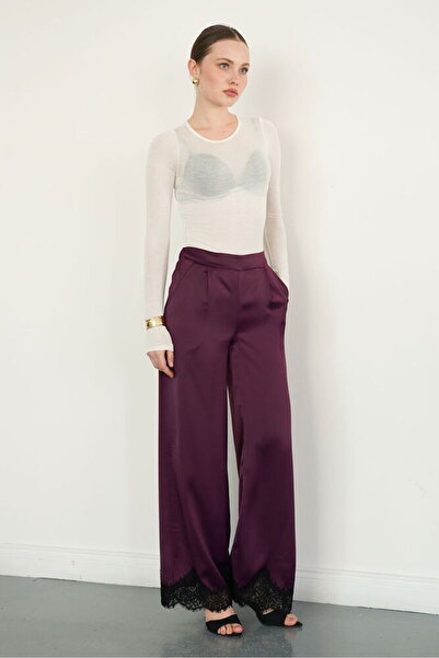 VERYMODA Pantaloni din satin cu dantelă la tiv - Prune |   D2969
