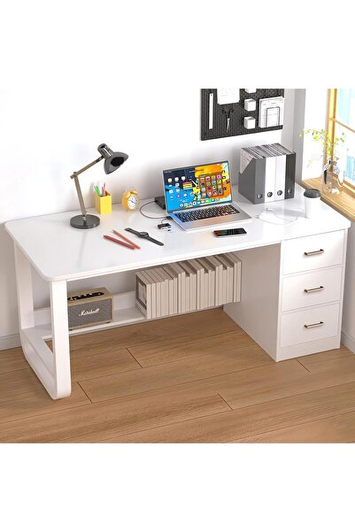 AZZHAAR 120cm Pale Walnut Computer Desk with 3 Drawers & Bottom Storage Shelf...