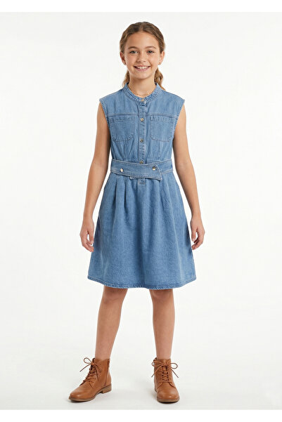 Cortigiani Girls Denim Dress Sleeveless with a front Belt detail