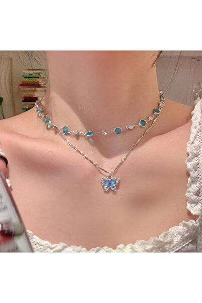 GlaMLo Accessories Σετ 2 ασημένιων κολιέ – κολιέ πεταλούδα και κολιέ με τυρκο...