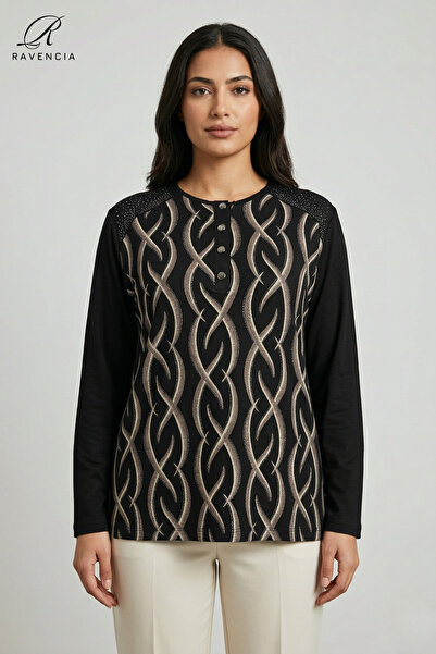 Ravencia Women's Stripe Patterned Printed Lycra Blouse with Stones on the Sho...