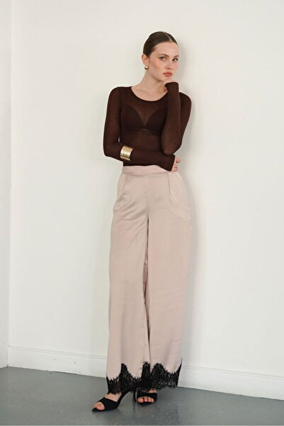 VERYMODA Pantaloni din satin cu dantelă la tiv - Stone |   D2969
